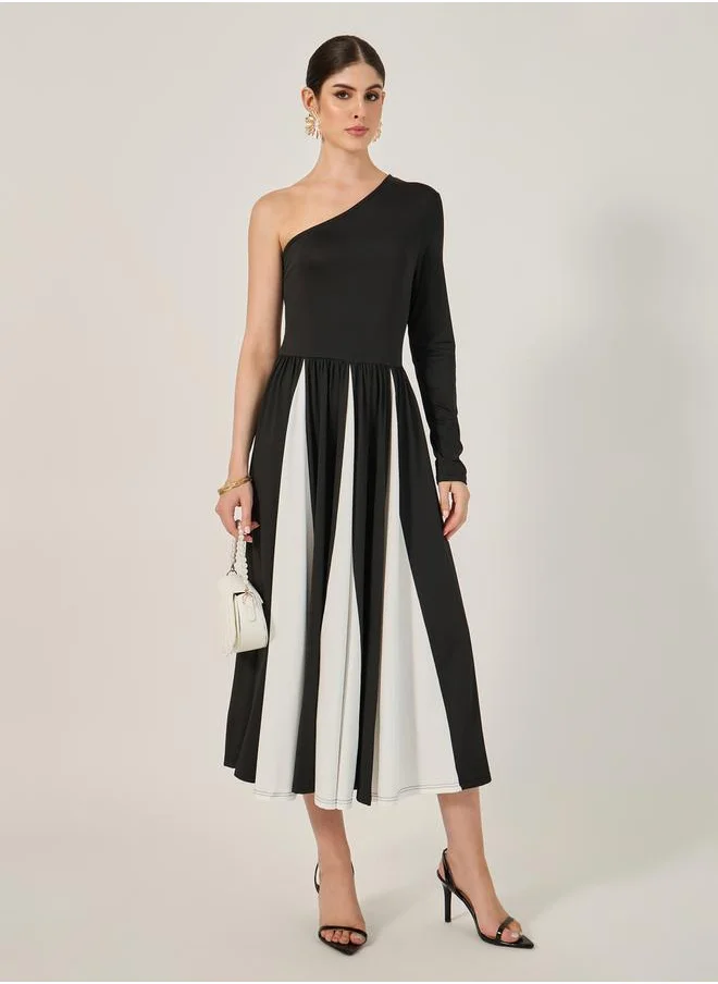 Styli Color Block One Shoulder A-Line Midi Dress