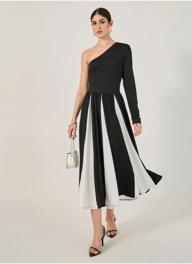 Styli Color Block One Shoulder A-Line Midi Dress