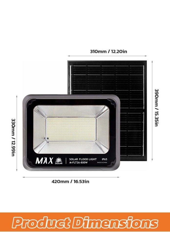Max 6500K High Brightness 800W Solar Flood Light with Remote Control, IP65 Waterproof Outdoor Solar Wall Light, 20W Solar Panel, 15Ah LiFePO4 Battery, Auto Sensor Security Light for Villa, Garden & Yard - Image 2