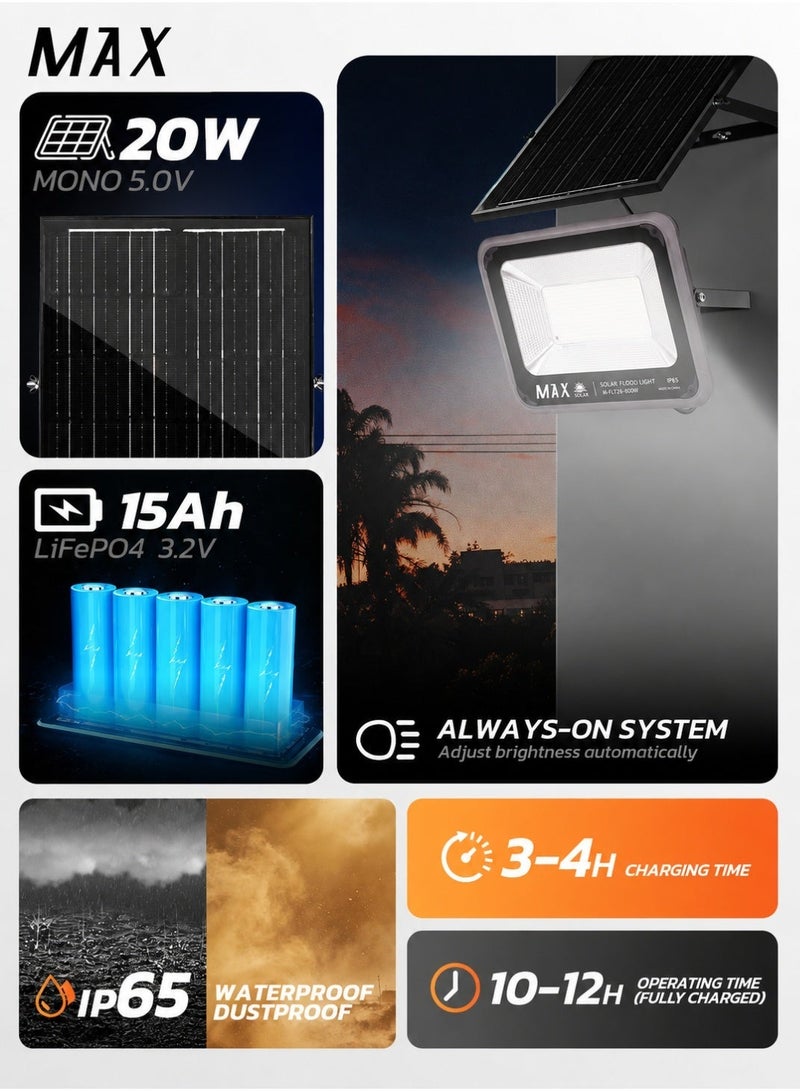 Max 6500K High Brightness 800W Solar Flood Light with Remote Control, IP65 Waterproof Outdoor Solar Wall Light, 20W Solar Panel, 15Ah LiFePO4 Battery, Auto Sensor Security Light for Villa, Garden & Yard - Image 3