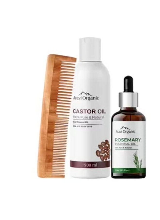 Aravi Organic Cold Pressed Castor Carrier Oil 200Ml And Rosemary Essential Oil 15Ml & Neem Wood Comb Combo (Pack Of 3)  - Image 2