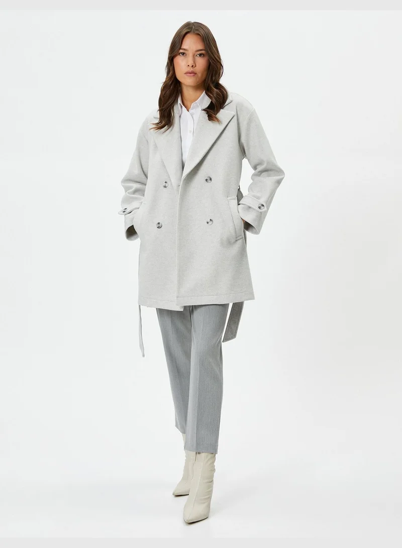 كوتون Belted Pocket Detail Buttoned Double Breasted Coat