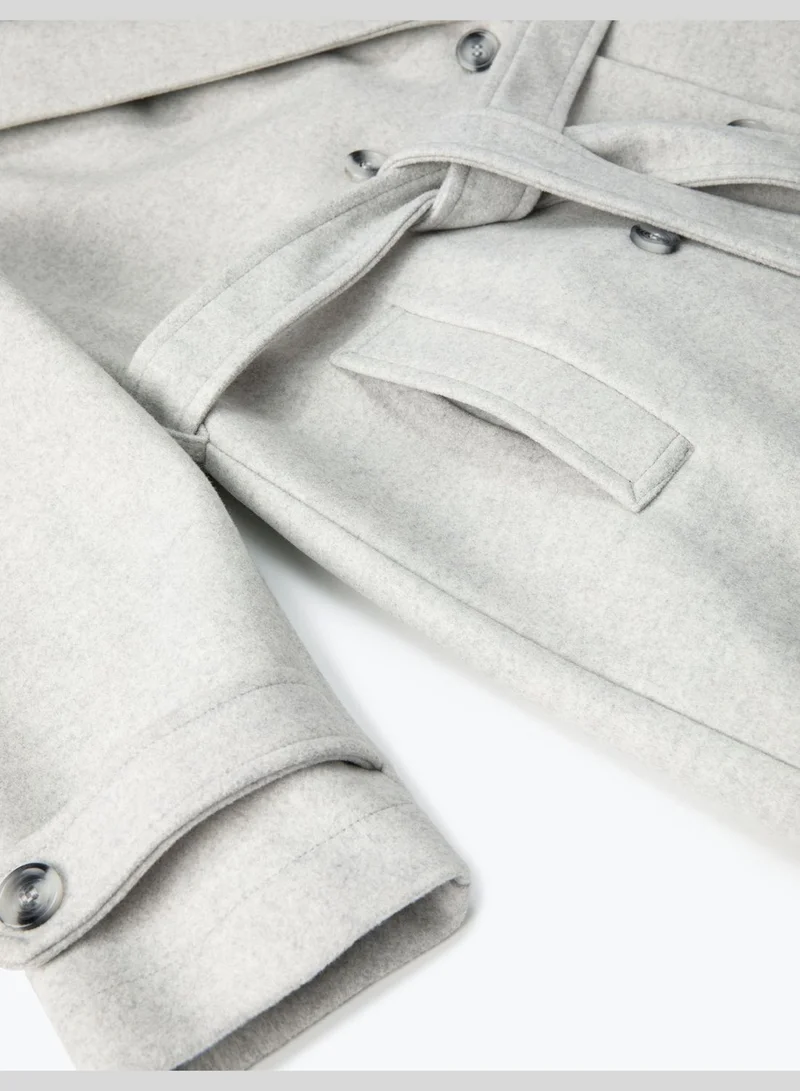 كوتون Belted Pocket Detail Buttoned Double Breasted Coat