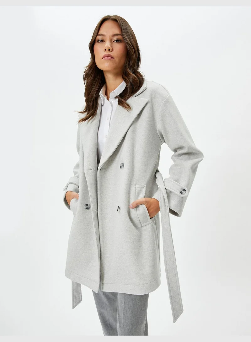 كوتون Belted Pocket Detail Buttoned Double Breasted Coat