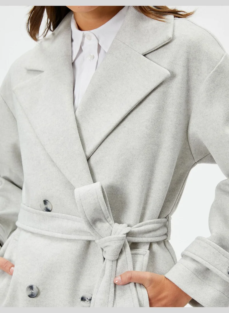 كوتون Belted Pocket Detail Buttoned Double Breasted Coat