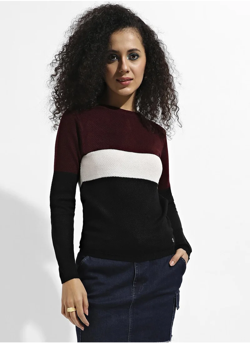 Campus Sutra Women's Multicolour Pullover Sweater With Contrast Panels