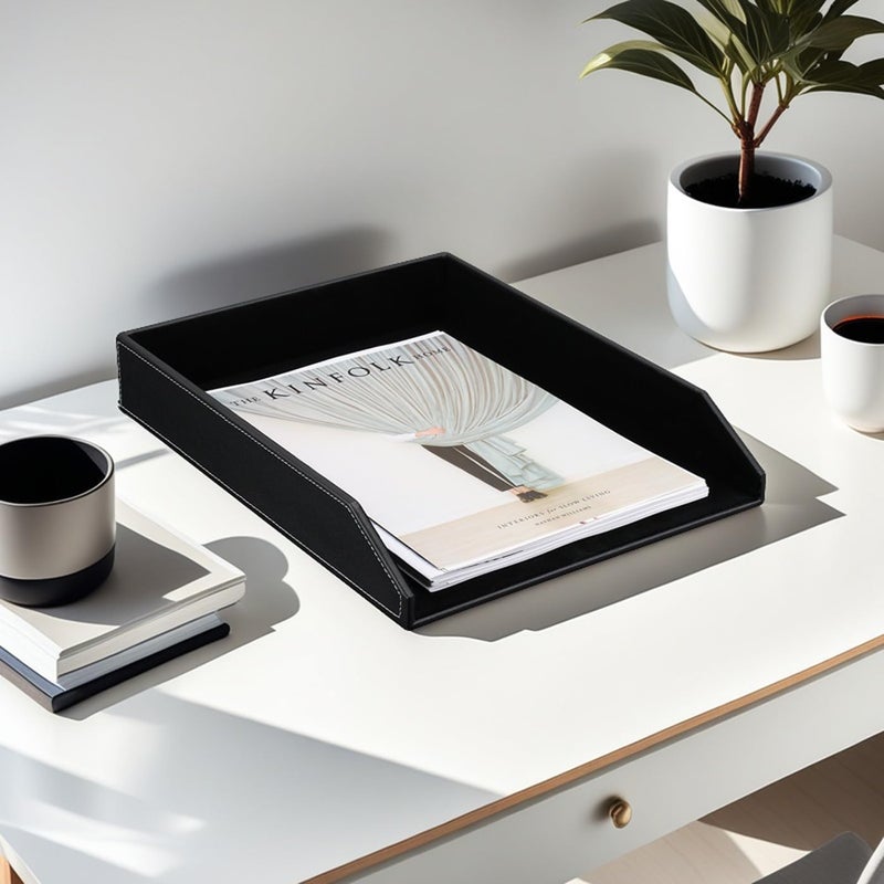KINGFOM PU Leather Collection Letter Tray, Document Desk Organizer, Letter Size (1 tray-black) - Image 3