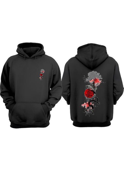 Unisex Minimalist Japanese Tree Red Design Front Back Printed Regular Fit Black Sweatshirt