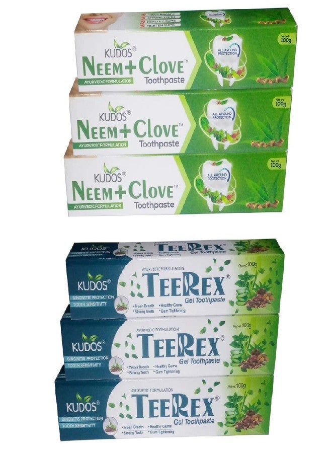 Kudos Neem+Clove Tightens Gum Paste & Teerex Paste (Ayurvedic Formulation|Unique Combination Of 18 Herbs, Thoroughly Clean Teeth, Total Dental Health And Hygiene, Long Lasting) (Combo Pack Of 6) - Image 1
