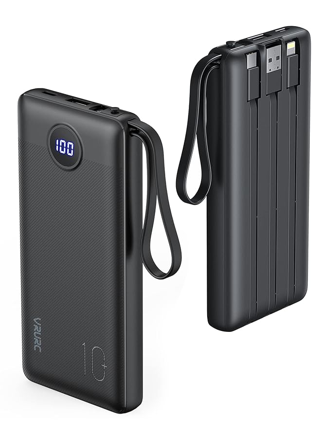 Power Bank 10000Mah With Built In Cables Portable Charger Usb C 5 Output 2 Input Led Display External Battery Pack Phone Charger Compatible With Smart Devices And Cell Phones 1 Pack