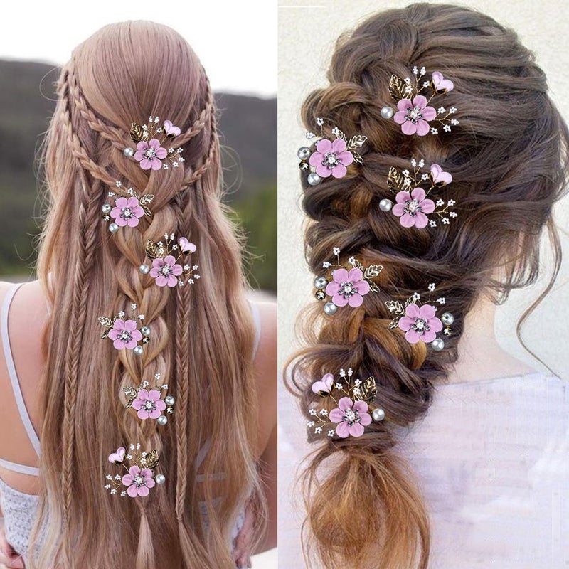 LAPOHI 6 Pcs Bridal Flower Wedding Hair Pins Crystal Pearl Hair Pins Clips Headpiece Gold Wedding Hair Accessories Jewelry with Rhinestone for Brides Bridesmaids Women Girls Updo (Romantic Lilac Purple) - Image 5
