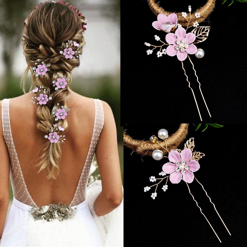 LAPOHI 6 Pcs Bridal Flower Wedding Hair Pins Crystal Pearl Hair Pins Clips Headpiece Gold Wedding Hair Accessories Jewelry with Rhinestone for Brides Bridesmaids Women Girls Updo (Romantic Lilac Purple) - Image 4
