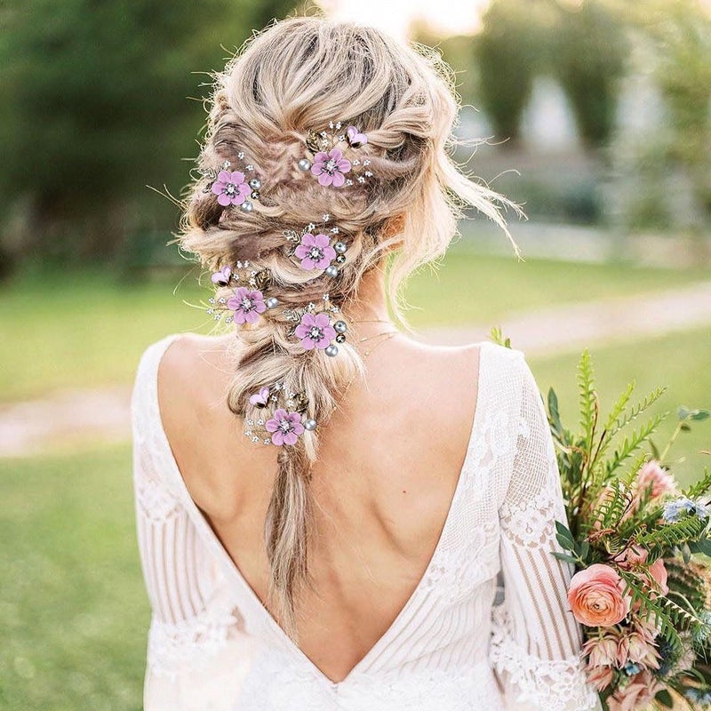 LAPOHI 6 Pcs Bridal Flower Wedding Hair Pins Crystal Pearl Hair Pins Clips Headpiece Gold Wedding Hair Accessories Jewelry with Rhinestone for Brides Bridesmaids Women Girls Updo (Romantic Lilac Purple) - Image 2
