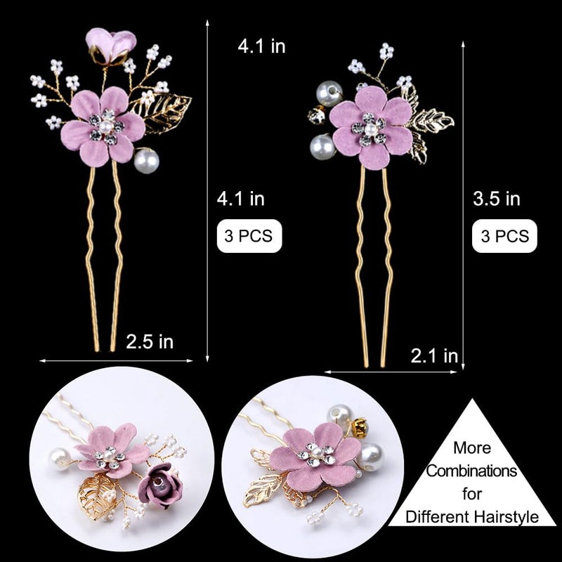 LAPOHI 6 Pcs Bridal Flower Wedding Hair Pins Crystal Pearl Hair Pins Clips Headpiece Gold Wedding Hair Accessories Jewelry with Rhinestone for Brides Bridesmaids Women Girls Updo (Romantic Lilac Purple) - Image 3
