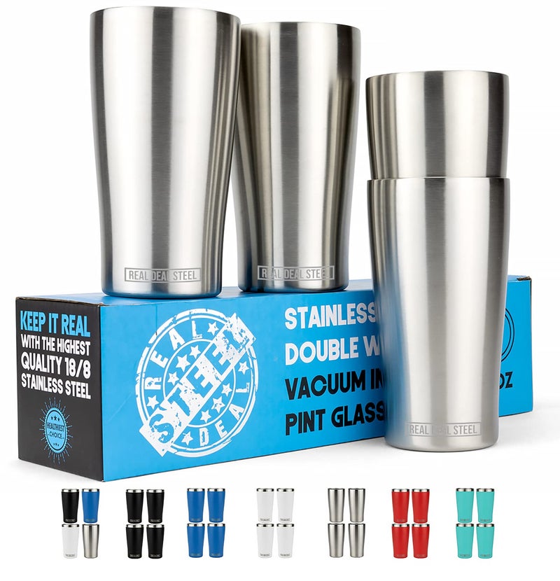 Real Deal Steel Pint Glasses - Stainless Steel Beer Tumblers - Set of 4 Insulated Cups for Outdoors - Image 1