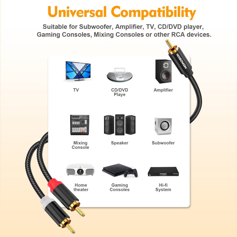HOSONGIN RCA Y Splitter Cable, 1 Male to 2 Male Audio Cables (2 Pack), 12 Inch, 24K Gold-Plated, Cotton Braided, Shielded Subwoofer Cable for Amplifiers, TV, Home Theater, Hi-Fi Systems - Image 3