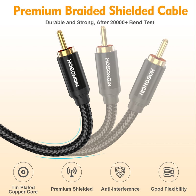 HOSONGIN RCA Y Splitter Cable, 1 Male to 2 Male Audio Cables (2 Pack), 12 Inch, 24K Gold-Plated, Cotton Braided, Shielded Subwoofer Cable for Amplifiers, TV, Home Theater, Hi-Fi Systems - Image 5
