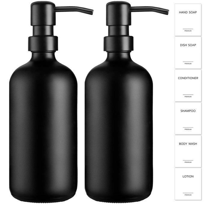 GMISUN BLACK SOAP DISPENSER 2 PACK MATTE BLACK HAND SOAP DISPENSERS FOR BATHROOM 17 FL OZ GLASS DISH SOAP DISPENSERS FOR KITCHEN WITH STAINLESS STEEL PUMP MODERN LIQUID SOAP BOTTLE