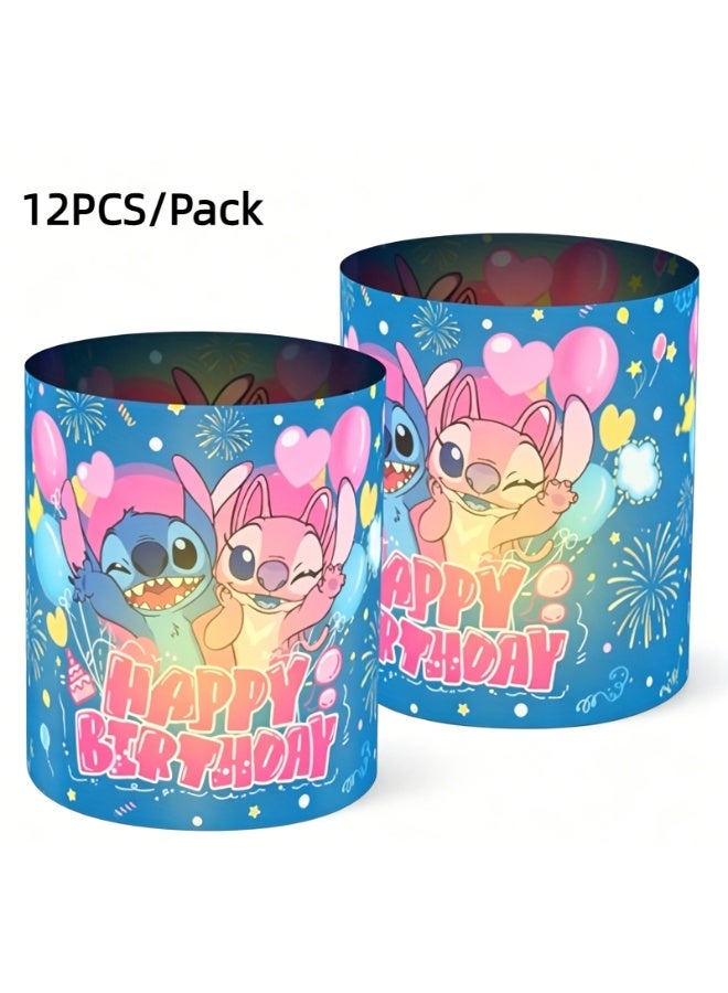12 birthday candle covers with Stitch cartoon designs, featuring balloons and fireworks patterns, perfect for birthday parties, weddings, and gifts for family and friends! - Image 1