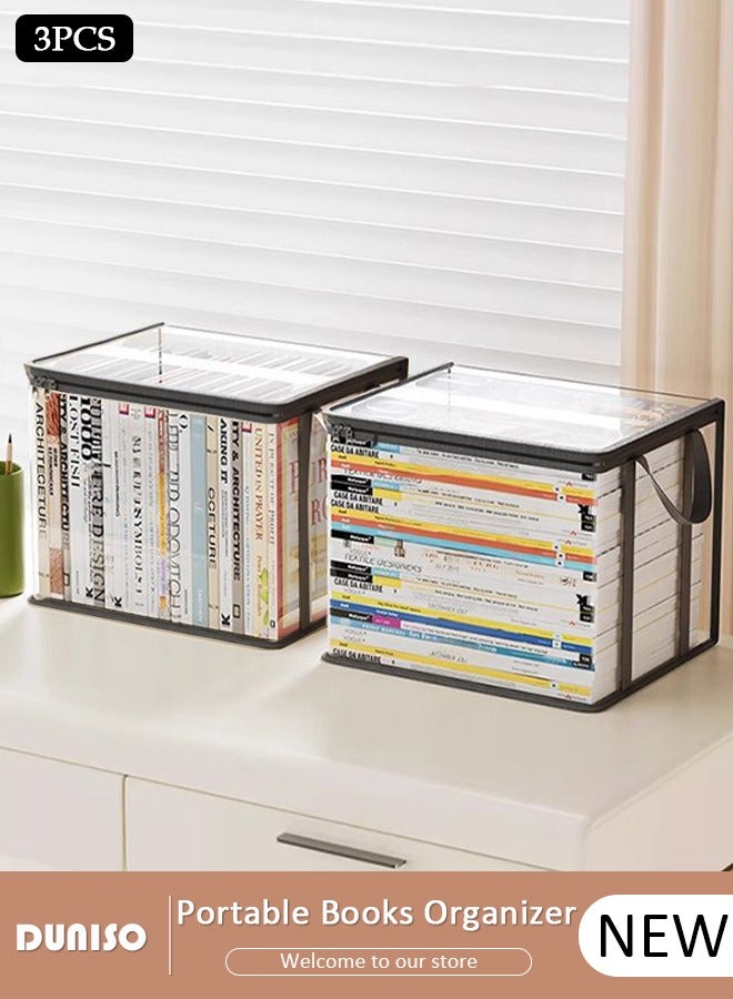 DUNISO 3PCS Collapsible Storage Box, Portable Organizer for Books, Clothing, Toys, Clear PVC Storage Box with Handles and Zipper, Dustproof Book Storage for Students School Home - Image 1