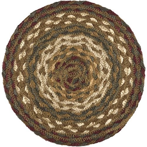 VHC Brands Tea Cabin Jute 8 inch Trivet Log Cabin Country Rustic Lodge Kitchen Tabletop Design, Moss Green and Deep Red - Image 1