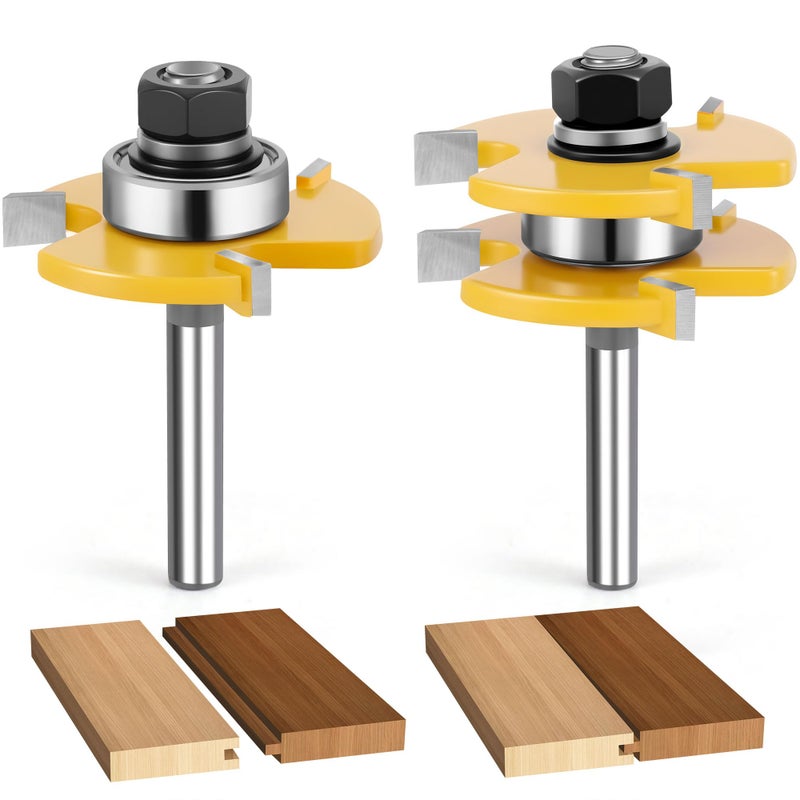 Junreox 2PCS Tongue and Groove Router Bit Set, 3rd Gen. 1/4 Shank Router Bits for 3/4" Stock, 1/2" Cutting Depth, Adjustable 3 Teeth Shaker Cabinet Door Router Bits for Woodworking, Milling, Cutting - Image 1