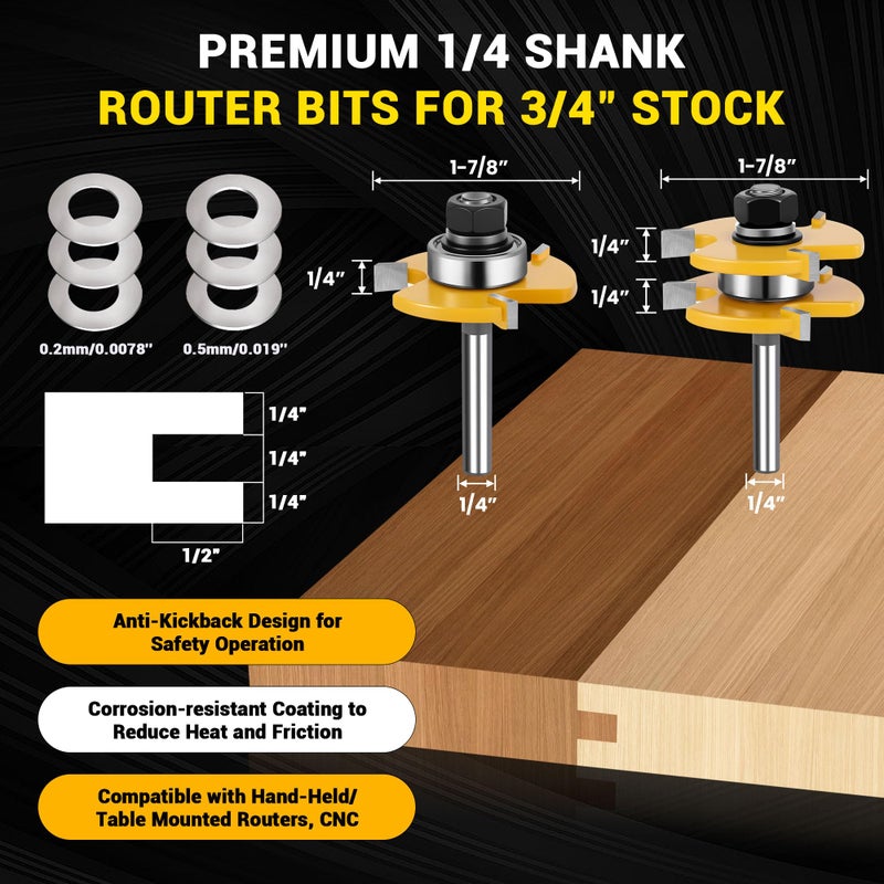Junreox 2PCS Tongue and Groove Router Bit Set, 3rd Gen. 1/4 Shank Router Bits for 3/4" Stock, 1/2" Cutting Depth, Adjustable 3 Teeth Shaker Cabinet Door Router Bits for Woodworking, Milling, Cutting - Image 4