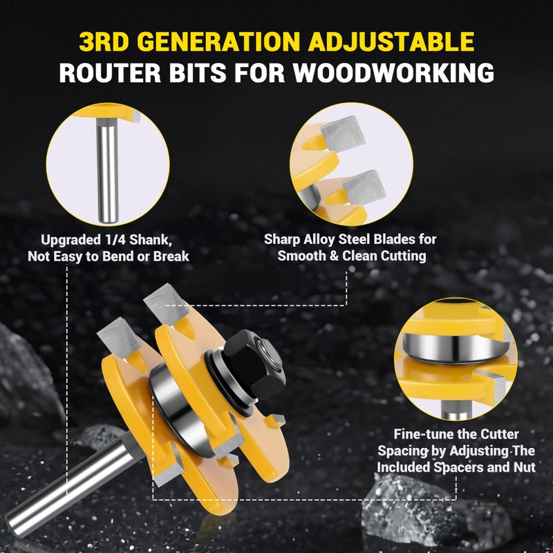 Junreox 2PCS Tongue and Groove Router Bit Set, 3rd Gen. 1/4 Shank Router Bits for 3/4" Stock, 1/2" Cutting Depth, Adjustable 3 Teeth Shaker Cabinet Door Router Bits for Woodworking, Milling, Cutting - Image 3