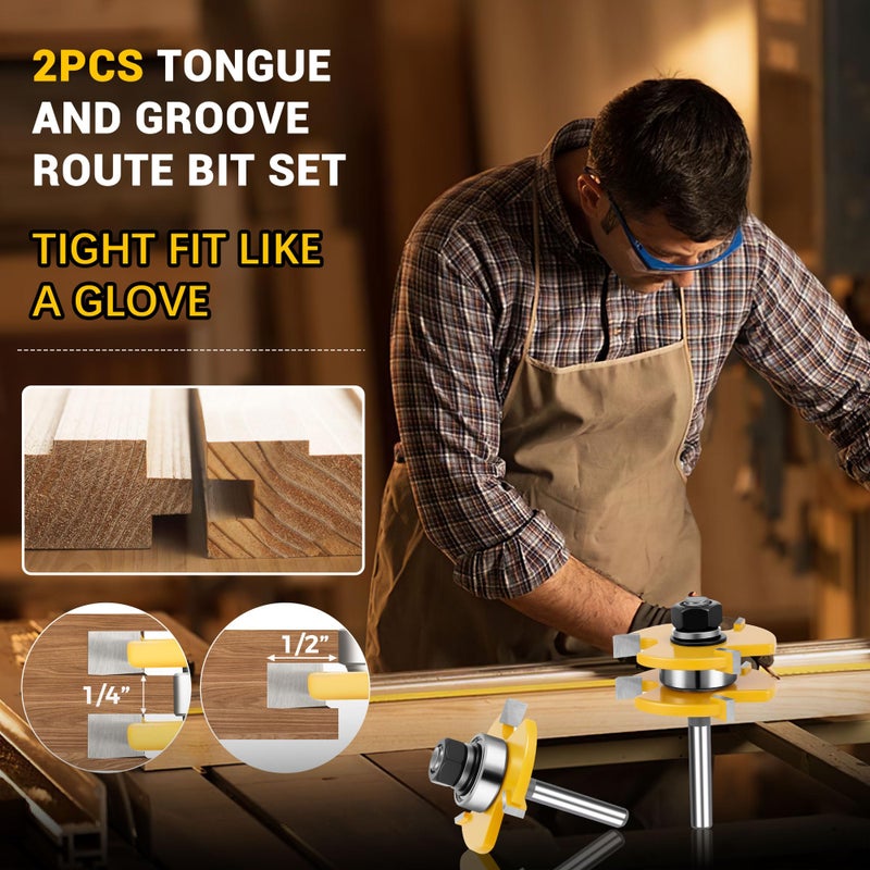 Junreox 2PCS Tongue and Groove Router Bit Set, 3rd Gen. 1/4 Shank Router Bits for 3/4" Stock, 1/2" Cutting Depth, Adjustable 3 Teeth Shaker Cabinet Door Router Bits for Woodworking, Milling, Cutting - Image 2