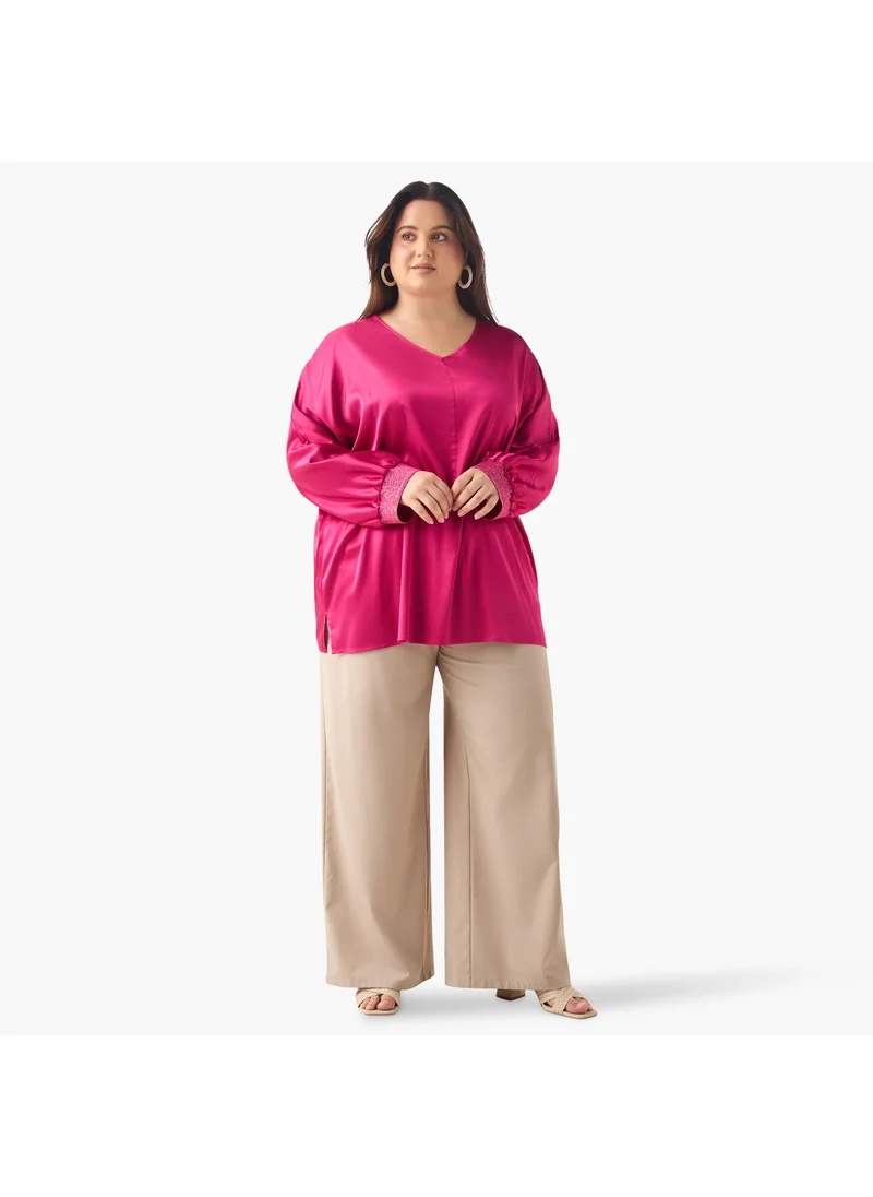 Ulla Popken Plus Size Ulla Popken V-neck Top with Long Sleeves