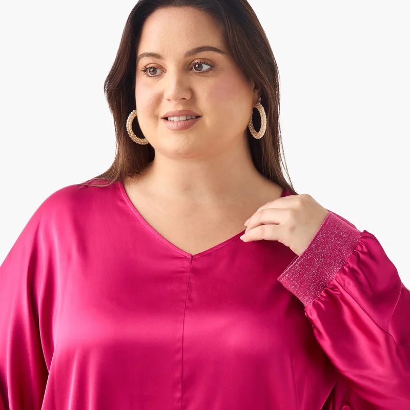 Ulla Popken Plus Size Ulla Popken V-neck Top with Long Sleeves