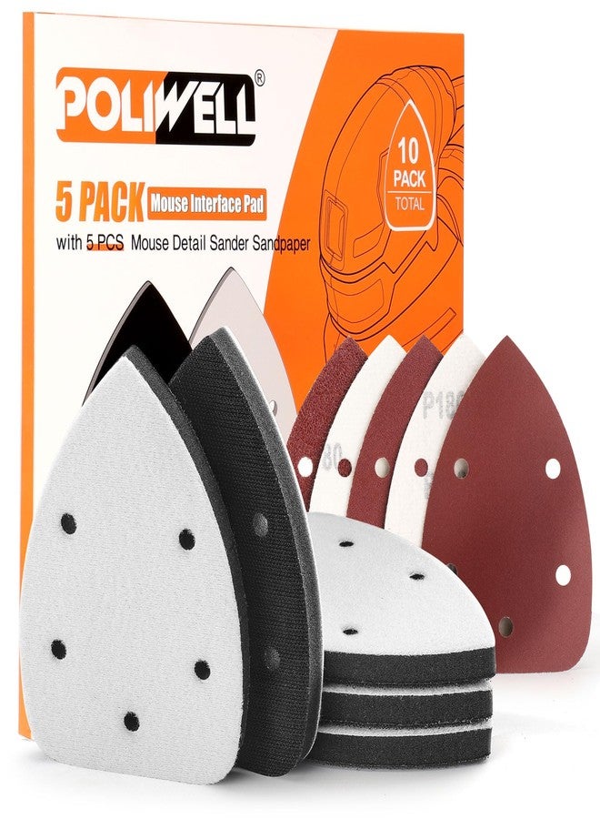 POLIWELL 5 Pack Mouse Sanding Interface Pad Hook and Loop, Triangle Sanding Pad with 5 Holes, Mouse Sander Sandpaper Backing Pad Come with 5P Mouse Sander Sandpaper (40-240 Grits) for Detail Sanding - Image 1