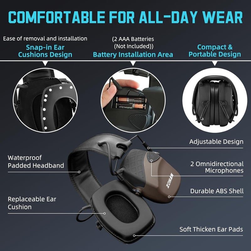 Zohan EM054 Electronic Ear Protection for Shooting Range with Sound Amplification Noise Reduction, Ear Muffs for Gun Range - Image 5