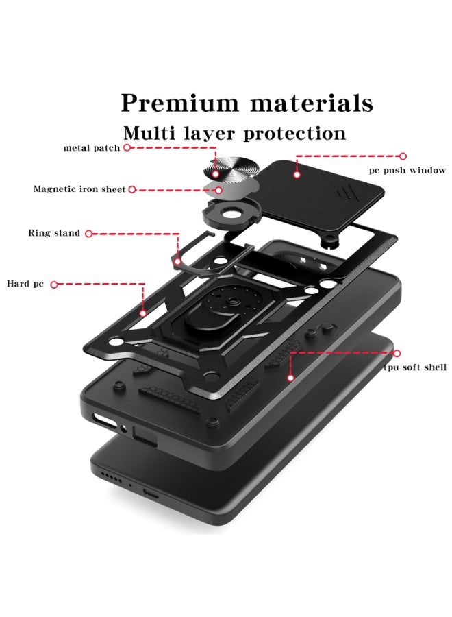 SanHu for Honor X7d 4G/5G Case Cover, Slide Camera Lens Cover, Magnetic Ring Holder Kickstand Protective Phone Case for Honor X7d 4G/5G, Black - Image 3