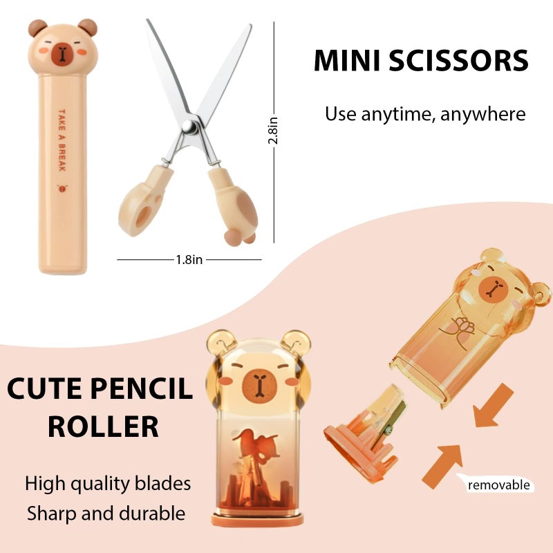 Daphilly Capybara Stationery Set,Cute Capybara School Supplies,Stationary Gift Set, Japanese Stationery Birthday GIFS, Includes Pencil Sharpener,Eraser, Correction Tape, Ruler, for Office School Supplies - Image 3