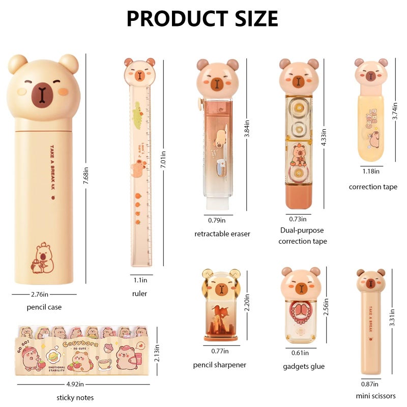 Daphilly Capybara Stationery Set,Cute Capybara School Supplies,Stationary Gift Set, Japanese Stationery Birthday GIFS, Includes Pencil Sharpener,Eraser, Correction Tape, Ruler, for Office School Supplies - Image 2