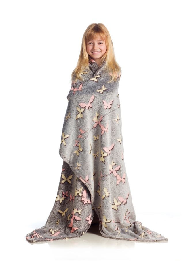 Kanguru - Rolled Plaid | Fleece Blanket, Glow in the Dark, Ultra Soft Comfy & Warm, LightWeight, Machine Washable, for Adults Men Women Teenagers size 130 x 150cm - Glow Butterflies - Image 1