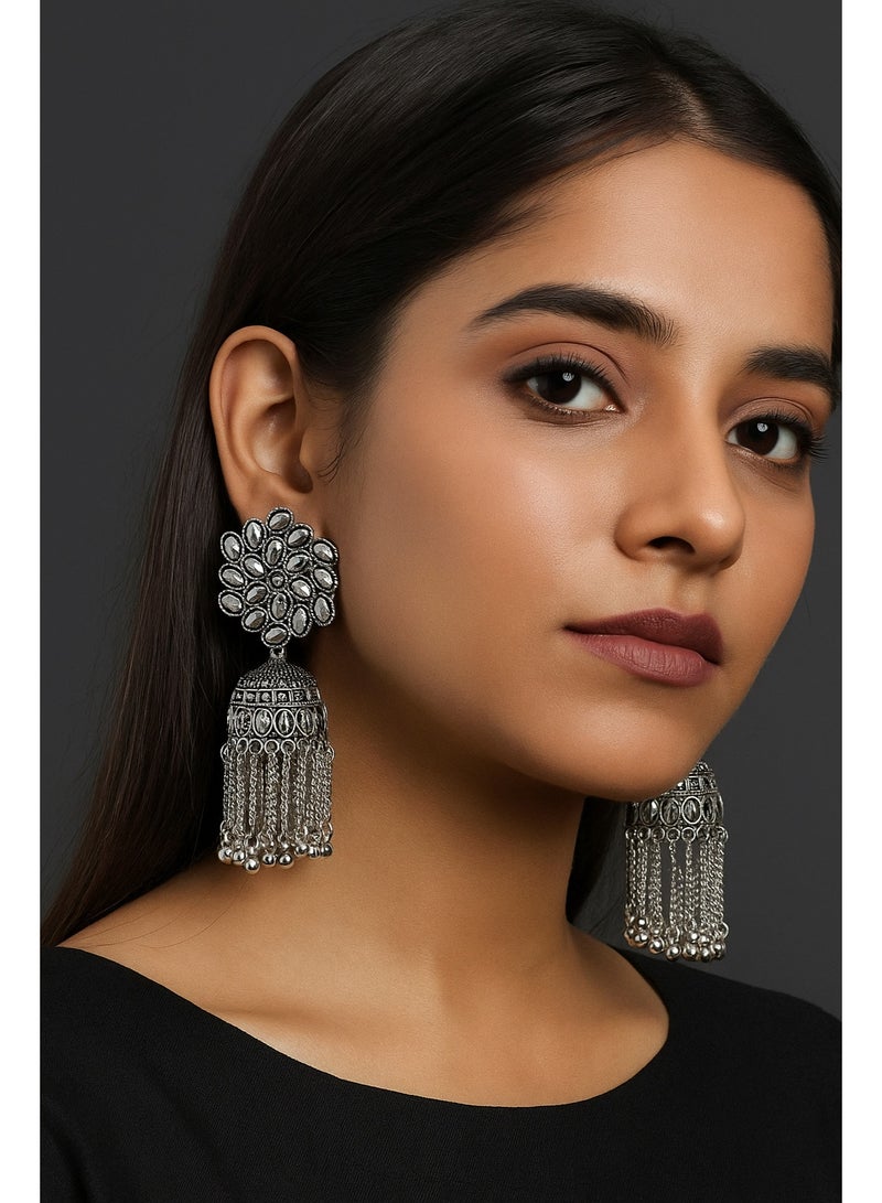 RAM JEWELLERY Oxidized Silver Plated Floral Jhumka Earrings for Women & Girls – Handcrafted Indian Traditional Jewelry with Hanging Chains & Beads – Wedding, Party & Festive Wear - Image 1