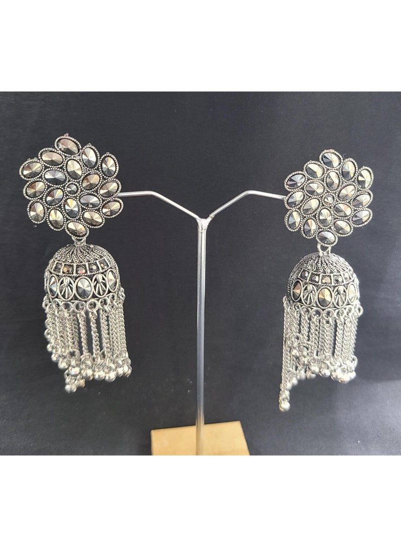 RAM JEWELLERY Oxidized Silver Plated Floral Jhumka Earrings for Women & Girls – Handcrafted Indian Traditional Jewelry with Hanging Chains & Beads – Wedding, Party & Festive Wear - Image 2