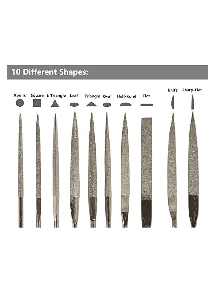 بروماس مجموعة مبرد ألماس ناعم 10 قطع من مبرد إبرة معدنية مستديرة الشكل مثلث مربع مسطح مجموعة أدوات مبرد عرموش مجموعة أدوات مبرد ريفلر للزجاج والخشب والحجر والمجوهرات ونحت الصنفرة وتلميع، 5 × 180 مم - Image 4