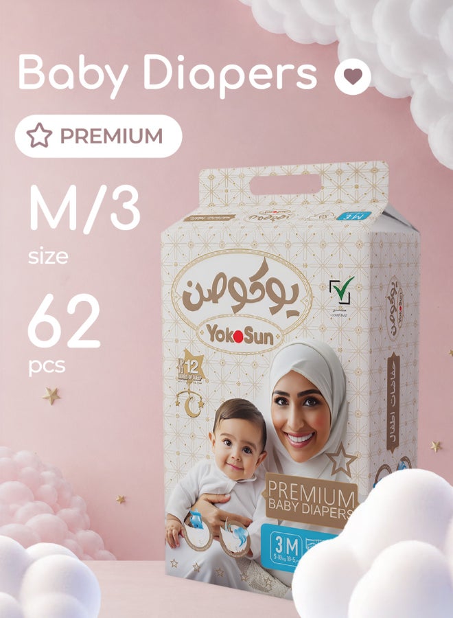 YokoSun Premium Baby Diapers, Size 3 / M (5-10 kg), 62 pcs – Ultra-Soft, Hypoallergenic Nappies, Japanese Quality for Baby Skin Care, Leakproof with 12-Hour Dryness Protection