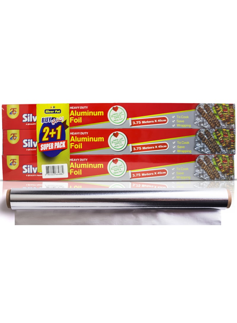 Silver Pot Heavy Duty Aluminium Foil Promo Pack of 3 Rolls (45 cm x 3.75 m Each) Durable and Multi-Purpose for Cooking, Baking, Wrapping, and Storing Food - Image 1