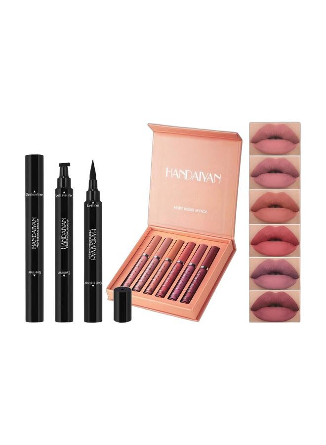 هاندايان مجموعة أحمر شفاه وختم مزدوج الرأس، أحمر شفاه سائل غير لامع، 6 ألوان، يدوم طويلًا، مقاوم للماء للنساء، لون مخملي عالي الصبغة، ناعم للغاية، مرطب وخفيف الوزن، مكياج شفاه مرطب احترافي، مجموعة هدايا - Image 1