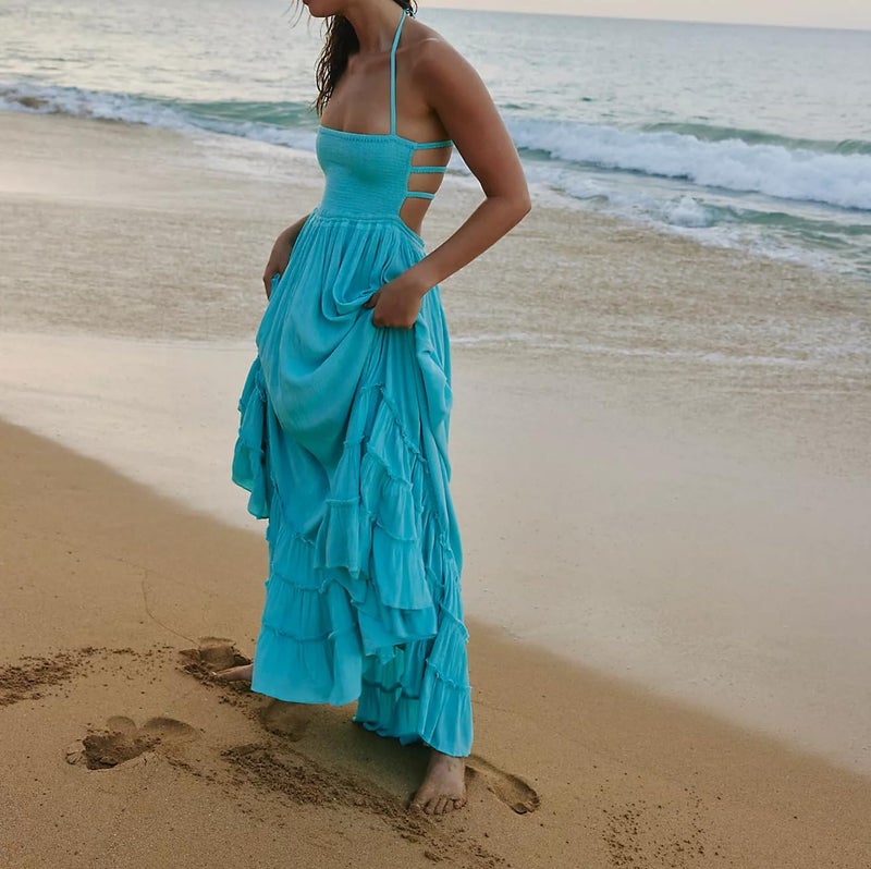 R.Vivimos Womens Summer Boho Sexy Backless Long Dresses (Medium, AquaBlue) - Image 2