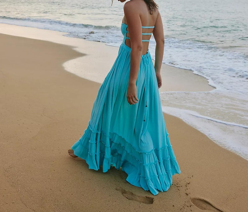 R.Vivimos Womens Summer Boho Sexy Backless Long Dresses (Medium, AquaBlue) - Image 3