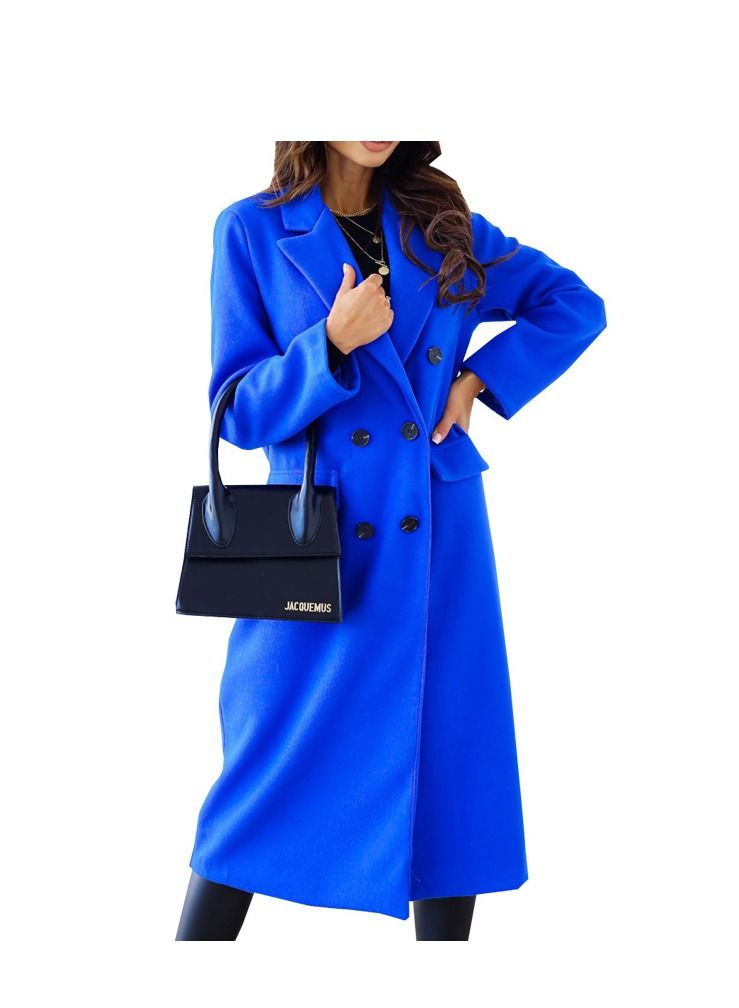 Loquat New Women's Simple Double Breasted Long Sleeve Lapel Button Wool Overcoat  - Image 1