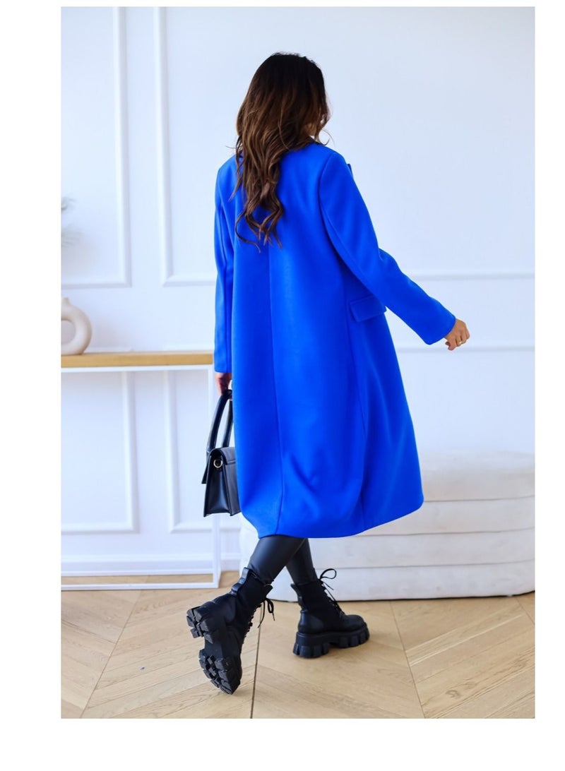 Loquat New Women's Simple Double Breasted Long Sleeve Lapel Button Wool Overcoat  - Image 2