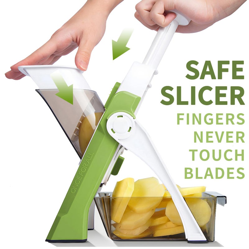 ONCE FOR ALL Safe Mandoline Slicer, Multi Vegetable Chopper, Potato Slicer for Kitchen, 4 Modes 100+ Presets Adjustable Thickness, French Fry Cutter (5 in 1 Green) - Image 2