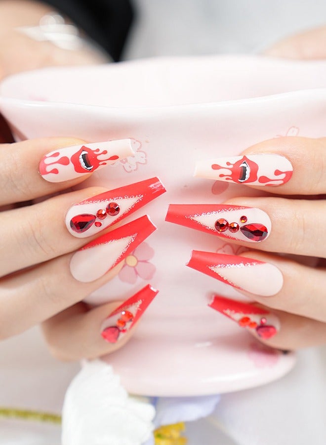 24 رقعة أظافر مضغوطة مع أدوات الأظافر، وطبعات حمراء مرسومة بالألماس، وأظافر طويلة شبه منحرف، ونماذج ذات طابع غريب ومسلٍّ، ورُقَع مريحة، وصحة وسلامة - Image 2