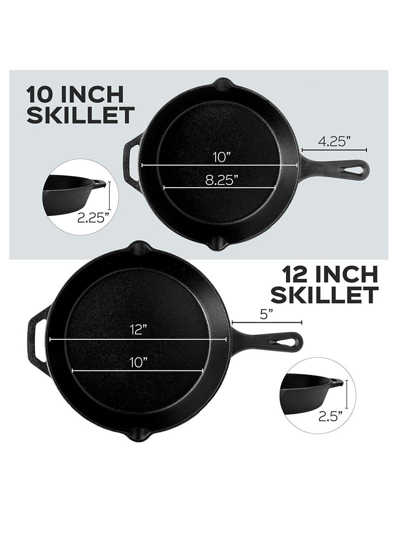 Premify 2pcs Cast Iron Frying Pans Set. Pre-Seasoned Skillet/Frying Pan Black, 10” & 12 Inch Round Cast Iron Frying Pans - Safe Grill Cookware for indoor & Outdoor Use  - Image 2